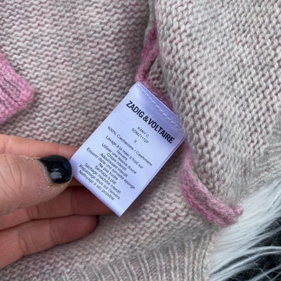 Zadig & Voltaire Kany C Short Sleeve Cashmere Sweater Pink Logo - Picture 5 of 6